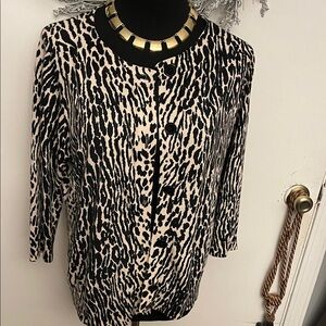 Talbots Black and Cream Animal Print Cardigan
